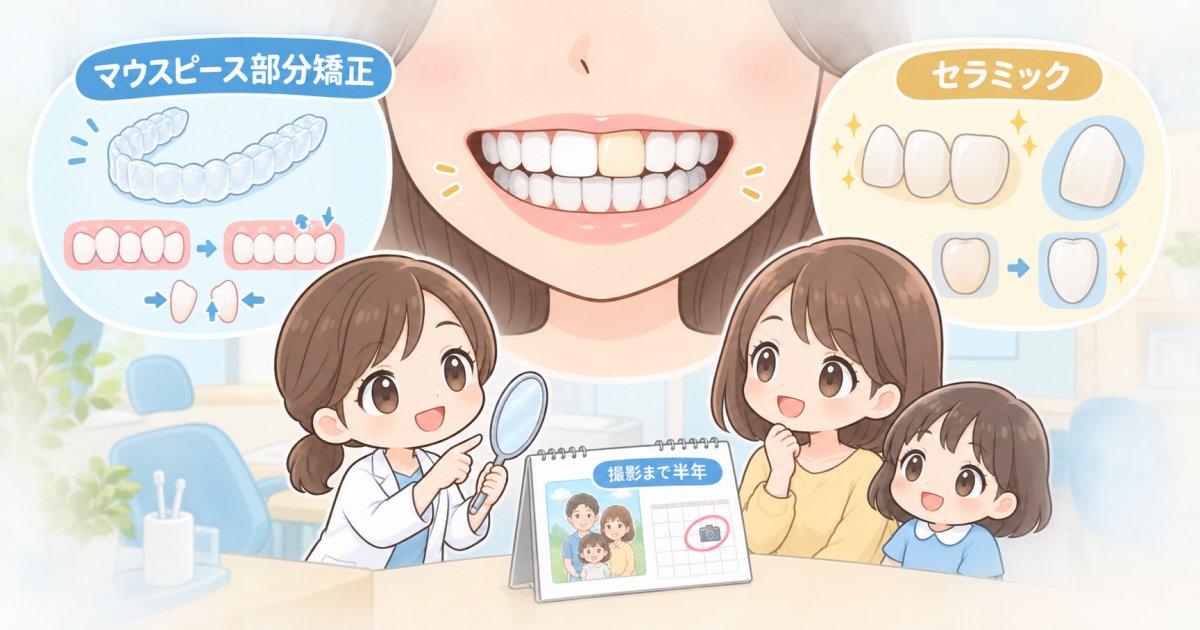 家族写真までに前歯を整えたい｜マウスピース矯正とセラミックの違い