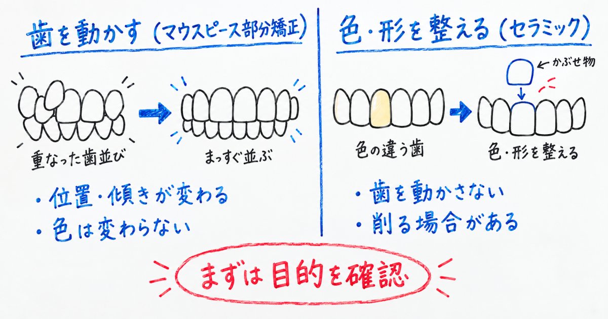 マウスピース部分矯正とセラミックは、前歯の何を変える?